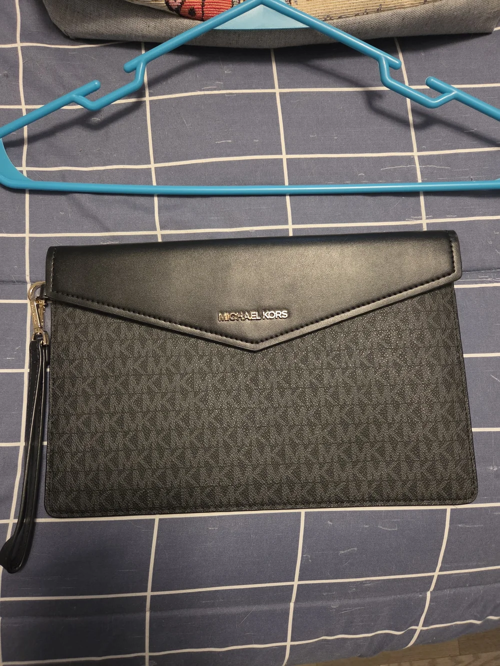 Michael Kors Black Logo-Print Wristlet Clutch with Gold Hardware